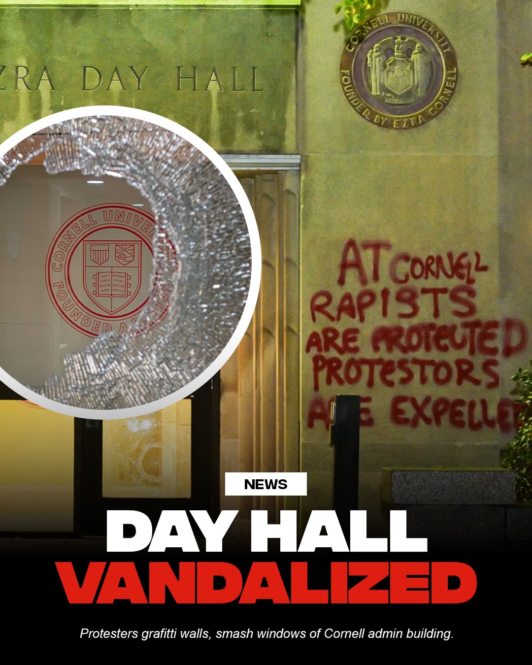 Early Monday morning, anonymous activists smashed the glass entrance of Day Hall
