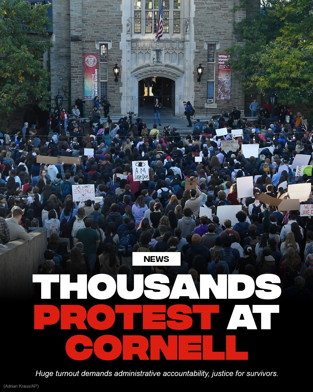 Thousands of Cornell students and faculty gathered outside Willard Straight Hall